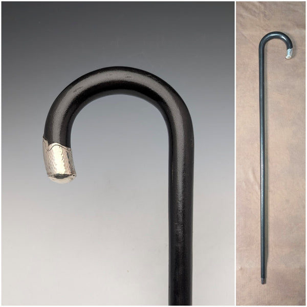 1935 British vintage black shaft curved handle sterling silver decorated walking stick 91cm